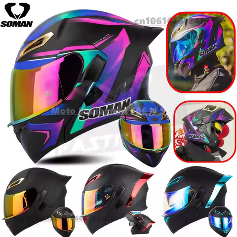 SOMAN DOT Approved Men's Motorcycle Helmet Full Face Helmet with Double Visor Flip Up Motocross Helm