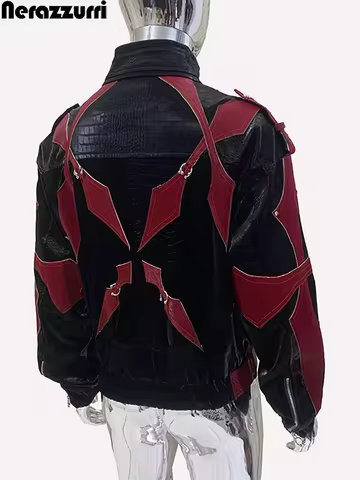 Mauroicardi Autumn Short Color Block Crocodile Print Pu Leather Jacket Men Luxury Designer Punk Styl