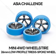 TAMIYA 95654 Low-Profile Tire (Blue) & Black Plated 5-Spoke Wheel Set (Asia Challenge) Genuine Mini 