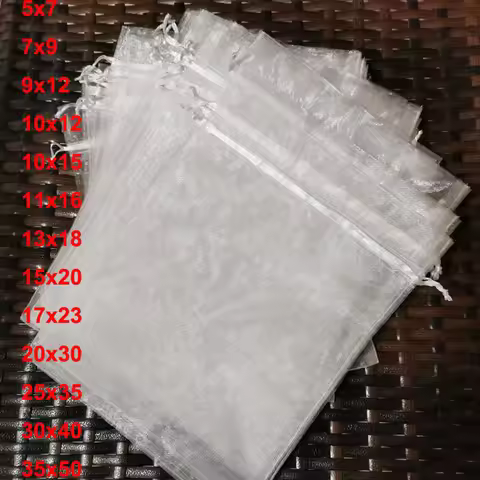 100pcs/lot 5x7 17x23 35x50cm Big White Organza Bags Drawstring Pouches For Jewelry Beads Wedding Par