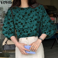 เสื้อทำงานแขนพองสำหรับผู้หญิง VONDA เสื้อยืดคอกลมลายดอกไม้เสื้อนอกแบบสวมหัว (ลำลองเกาหลี)