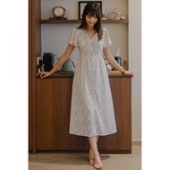 ACW Button Panel Square Neck Pintuck Flutter Sleeve Midi Dress in Prints