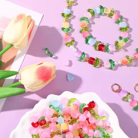 9x9x5.5mm 14x7x5mm Multi-Color Glass Tulip Flower & Leaf Beads for DIY Jewelry Bracelet Necklace Ear