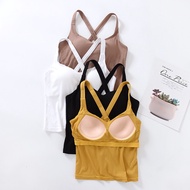 W Woman 2 in 1 Bra Top with Chest Pad Vest Cross Beautiful Back Sling Cup Bra Integrated Solid Color Crop Top