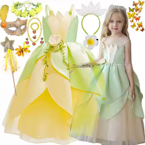 Disney Girls Cosplay Tiana Yellow Short-Sleeved Fluffy Princess Dress For Girl Birthday Party Prince
