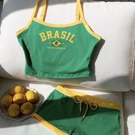 Summer Brazil Flag Colored Letter Printed Slim Fit Crop Top And Shorts Set