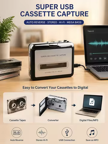 Cassette to MP3 Converter Capture Music Player USB Cassette Player Cassette Tape Recorder Support Wi