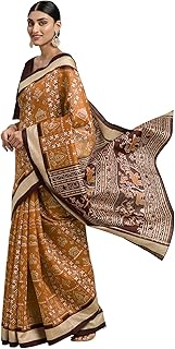 Women's Ajrak Block Print Dola Silk Saree With Unstitched Blouse Piece