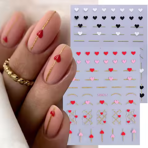 2pcs Black White Red Love Heart Nail Stickers Metallic Golden French Line 3D Adhesive Slider DIY Val