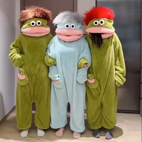 Green Big Mouth Monster Coral Fleece Onesie Pajamas Winter Thickened Funny Ugly Cute Hairy Fish Home