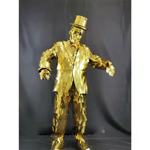 Gold Color Mirror Men Suit Club Performance Catwalk Wears Mirror Robot Dance Costumes Jacket Mirror 