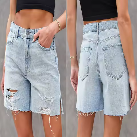 Denim Shorts Summer Street Style Washed Ripped Side Split Jeans Denim Shorts