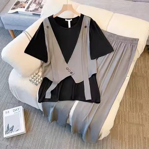 150Kg Plus Size Women's Bust 150 Summer Fake Two-Piece Top Casual Loose Straight Leg Pants Two-Piece