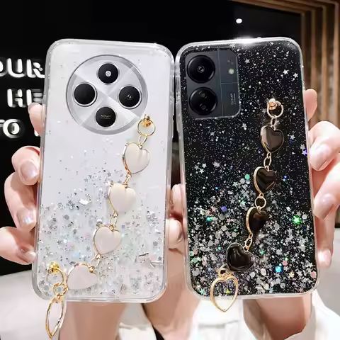 Redmi14c Love Heart Wrist Chain Glitter Case On For Xiaomi Redmi 14c 13 13c 12 12c 10 10c 9 9c Brace