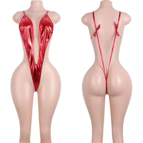 Thong String Festival Outfit Rave Wear Exotic Patent Leather Backless Bodysuit Deep V Bikini Set Dan