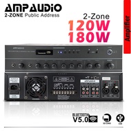 AmpAudio 120W/ 180W Public Address 2-Zone Selector Bluetooth USB Amplifier (4Ω-16Ω / 70V-100V )