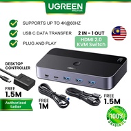 UGREEN HDMI 2.0 KVM Switch 2 IN 1 OUT Switcher Box 3 USB A 3.0 1 USB C 3.0 5Gbps with Desktop Contro
