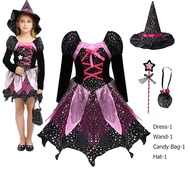 4 Pieces Witch Clothing Set Dress+Hat+Wand+Bag Girls Halloween Wizard Costume 2024 Kid Make up Party