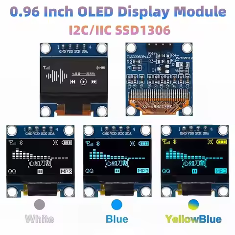 0.96 Inch OLED Display Module I2C IIC SPI Serial 128x64 SSD1306 LCD 3.3-5V 4Pin White/Blue/Yellow Bl