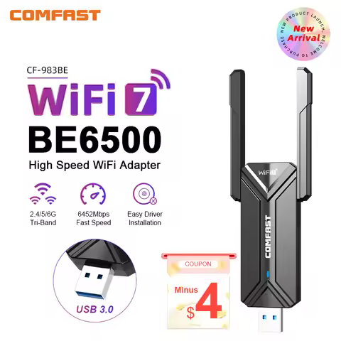 COMFAST WiFi 7 USB Adapter BE6500 2.4G&5.8G&6GHz Tri-band Wireless Network Card 6500Mbps Free-Drive 