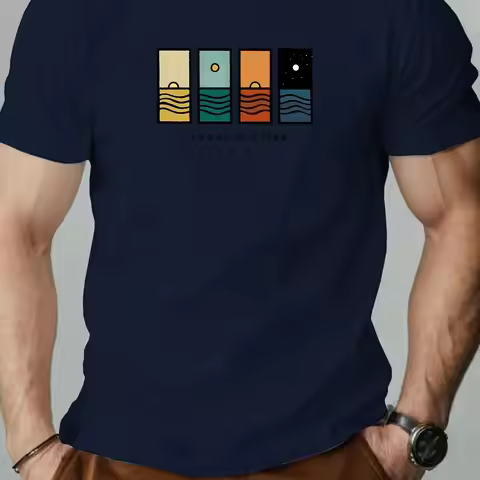 Men "One Day At A Time" Graphic Casual T-Shirt Summer Short Sleeve Round Neck Tee with Colorful Stri