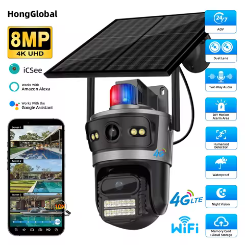 HongGlobal 8MP 4K WiFi 4G ICSee Wireless Dual Lens 24/7 Record AOV Solar Security 4G Sim Card CCTV S