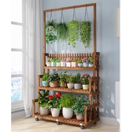 【MO】Plant Rack Plant Stand with wheels Wooden Plant Self Flower Rack For Indoor Outdoor Multiple Plants - Pine Wood