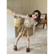 (1y-7y) 2Pcs Flora Blouse No Sleeve + 1 Short Ruffle Pants /Skirt