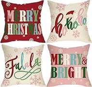 Merry Christmas Bright Decorative Throw Pillow Covers 18 x 18 Set of 4, Pink Xmas Falala Hohoho Sant