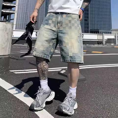Y2K High Street Fashion New Men's Denim Shorts Painted Scratches Embroidered Washed Nostalgic Light 