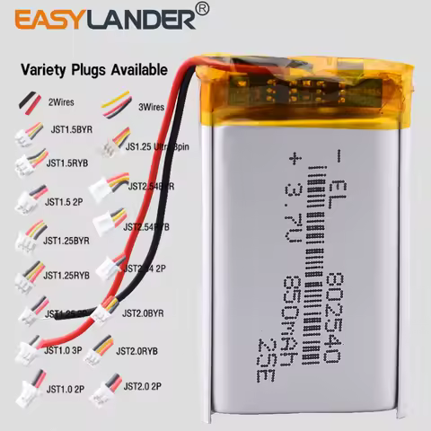 JST2.0mm 3Pin JST1.0 2P JST1.25 2P 802540 3.7V 850mAh Rechargeable Lithium Lipo Li-ion Polymer Batte