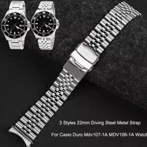 3 Styles 22mm Diving Steel Metal Strap For Casio Duro Mdv107-1A MDV106-1A Watch Wristband Bracelet W