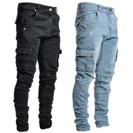 Men Jeans Skinny Pants Stretch Slim Fit Jeans Cargo Pants Motorcycle Bike Pants Blue Black