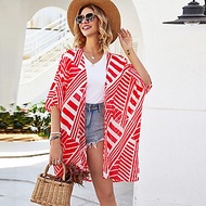 Áo khoác in sọc Cardigan ngắn tay mỏng giản dị đi biển-Màu đỏ-Size N