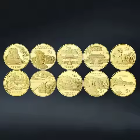 10Pcs China World Cultural Heritage Real Commemorative Coins Full Set 5 Yuan Gold Plated Collectible