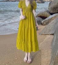 [Voucher 50k Freeship Max 0 đồng toàn quốc] Đầm kate lụa tay phồng cổ V mặc đi chơi đi biển dễ thươn