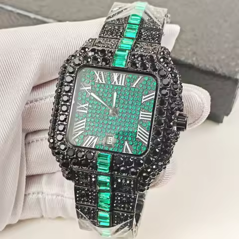 UNIGUET Cool Black Ice Watch For Man Luxury Square Quartz Watch Men's Fashion Hip Hop Blue Diamond J
