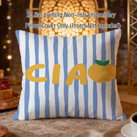 Ciao Orange Cushion Cover, Blue White Striped Pillowcase, Cute Fruit Print Home Decor, Living Room S