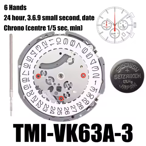 VK63 Movement Japanese TMI VK63A Movement 6 Hands Size:13 ½‴Height:5.10mm 24 Hour Date At 3 O'clock 