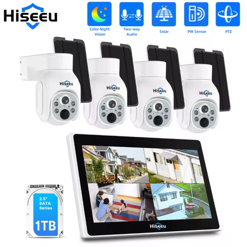 Hiseeu 10CH NVR CCTV Camera Set 4MP WiFi PTZ Solar IP Camera Security System Kit P2P Outdoor Wireles