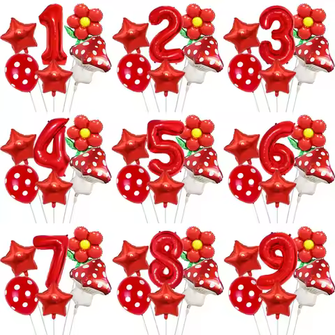 Mushroom Party Balloon Decorations Red Mushroom and 0-9 Number Balloon Set for Mushrooms Balloon Bir