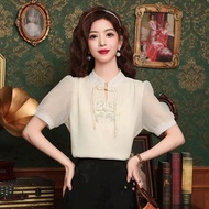 New Chinese style national style embroidery new ch 新中式国风刺绣新款雪纺短袖衬衫立领2025盘扣衬衣减龄上衣DST24
