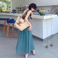 สีน้ําเงิน แขนกุด เปลือยหลัง เดนิม เชือกแขวนคอ เดรส ผู้หญิง ฤดูร้อน หวาน ลดอายุ เด็กผู้หญิง Pure Inn