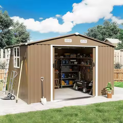 10x8FT Metal Outdoor Storage Shed Sloped Roof 2 Lockable Sliding Doors Air Vents Window Backyard Pat