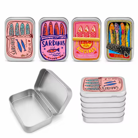 Portable Tin Case Mini Metal Box Cute Sardine Print Tin Box Small Pill Case Travel Jewelry Storage C