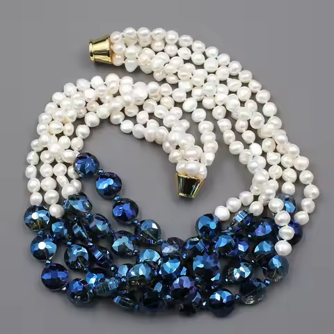 GuaiGuai Jewelry 5 Rows Natural White Keshi Potato Pearl Coin Blue Glass Crytal Necklace Handmade Fo