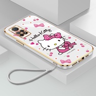 Casing Xiaomi Redmi Note 7 8 9 9s 10 10s 11 11s Pro Max 4G 5G Ultra-thin Plating Square Lovely Cartoon Hello Kitty Silicone Case with Lanyard Phone Case