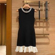 Summer New Chic O-neck Beading Ruffles Patchwork Sleeveless Dress Womens Elastic Slim High Street El