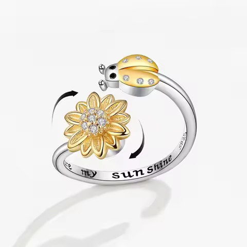 Fashion Crystal Sunflower Rings For Women Rotatable Anti Stress Anxiety Beetle Adjustable Ring You A