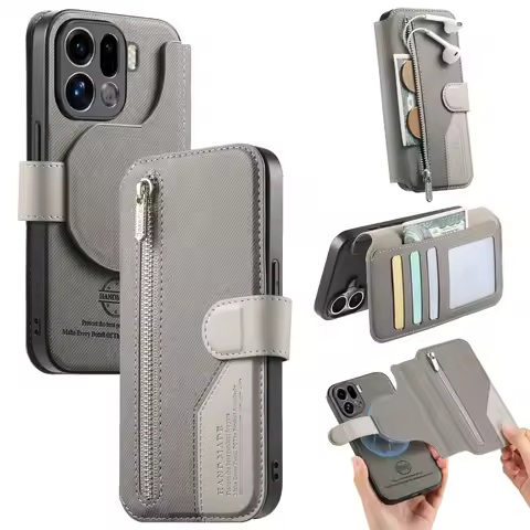 For OPPO Find X9 Pro 5G 2In1 Detachable Zipper Leather Wallet Case for Oppo Find X9 Magnet Back Cove